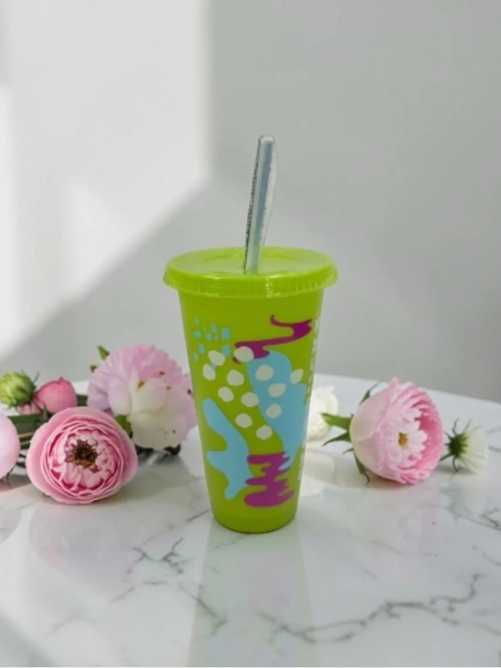 Starbucks Bright Lime Green Tumbler with Abstract Color Accents 24oz. NEW